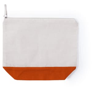 A toiletry bag featuring a cream upper and orange base, with a zip closure and a simple design.
