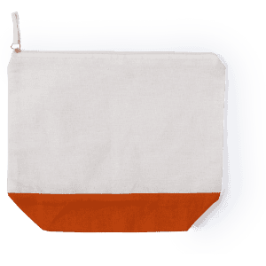 A toiletry bag featuring a cream upper section and an orange bottom, with a zip closure and a logo.