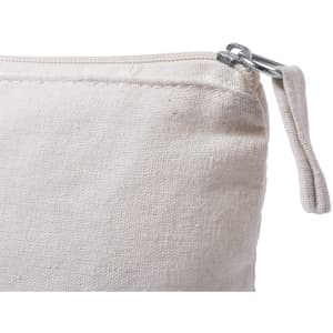 A beige toiletry bag with a silver zip and pull tab, featuring a textured fabric surface.
