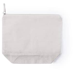 A light grey toiletry bag with a zippered top and a flat base for stability. It features a logo on the side.