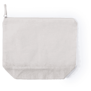 A light beige toiletry bag with a zip closure, featuring a simple design and a soft fabric texture.