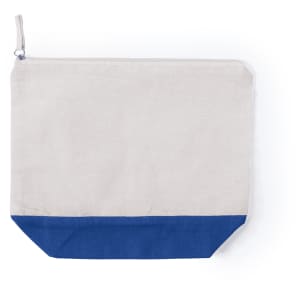 A toiletry bag in natural colour with a blue bottom, featuring a zipper and a logo.