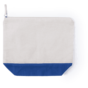 A toiletry bag featuring a cream upper section and a blue bottom. It includes a zip closure and has a branding logo.