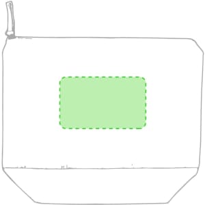 A green toiletry bag with a zipper, featuring a rectangular transparent section. It has a simple design.