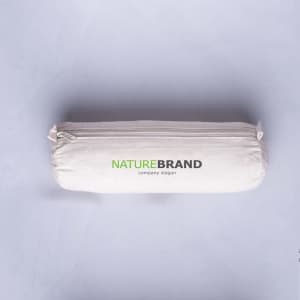 A cream pencil case with a zip closure and a logo printed on the side.