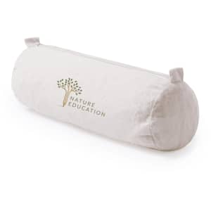 A cylindrical, beige pencil case with a logo, featuring a zip closure and small handles on each end.