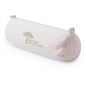 A cylindrical pencil case in light beige fabric with an embossed logo. Designed for office and business use.