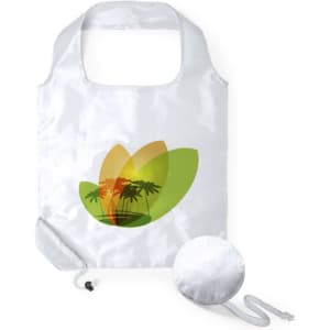 A foldable white bag with a colourful palm tree design, featuring a compact pouch for storage and a drawstring closure.