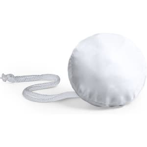 A white, round foldable bag with a clear, twisted handle and a simple design. It includes a logo.