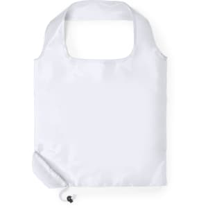 A foldable bag in white, featuring a simple design and a drawstring closure. It has a logo on the surface.