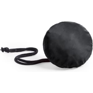 A round, black foldable bag with a braided strap. The bag is smooth and compact in appearance.