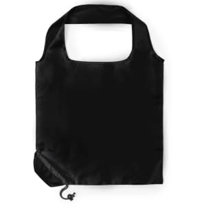 A foldable bag in black with a handle and a drawstring closure at the bottom. Features a logo.