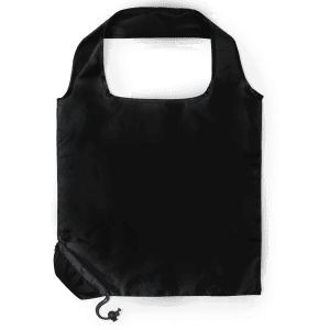 A black foldable bag with a handle and a small logo, featuring a compact design for easy storage.