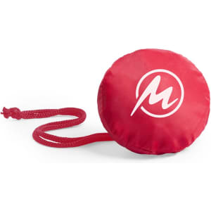 A red foldable bag with a circular design and a corded handle, featuring a logo on the front.