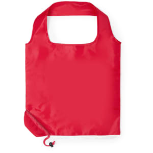 A red foldable bag with a square shape and a handle, featuring a drawstring closure at the bottom.