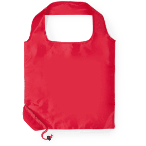 A red foldable bag with a curved handle and a small storage pouch attached. It features a logo on the front.