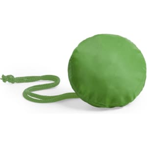 A green foldable bag shaped like a circle with a braided handle. The bag also features a logo.