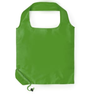 A green foldable bag with a cut-out handle and a cinch closure at the bottom. It features a logo.