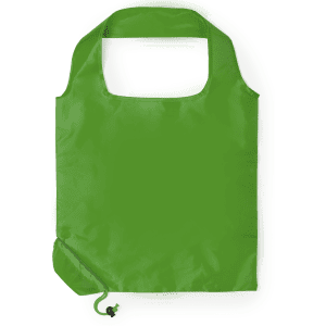 A bright green foldable bag featuring a handle and a small drawstring closure. It has a logo on the front.