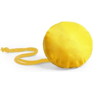 A round, bright yellow foldable bag with a matching strap, featuring a logo.
