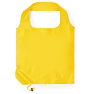 A yellow foldable bag with a rounded handle and a drawstring closure at the bottom. It features a logo.