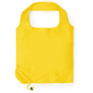 A yellow foldable bag with a handle, featuring a logo, and designed for easy storage.