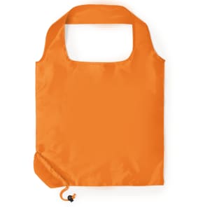 An orange foldable bag with a round handle and a drawstring closure. It features a logo on the surface.