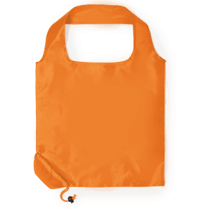 An orange foldable bag with a handle, featuring a drawstring closure and a logo.