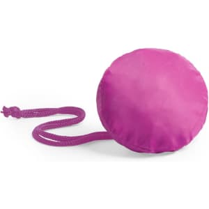 A foldable bag in vibrant pink, shaped like a disc with a braided handle. It features a small logo.