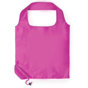 A foldable bag in bright pink, featuring a simple design and a small drawstring closure. It includes a logo.