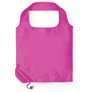 A foldable bag in bright pink with a handle and a drawstring feature for compact storage.