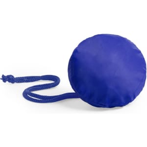 A blue foldable bag with a round shape and a drawstring attached for easy carrying. It has a smooth fabric texture.