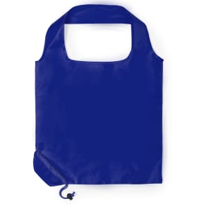 A foldable bag in blue with a rounded handle and a drawstring closure. It features a logo.