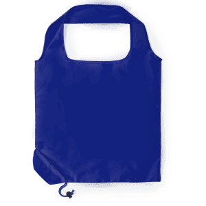 A foldable bag in royal blue, featuring a simple handle and a small pocket for storage. It has a logo.