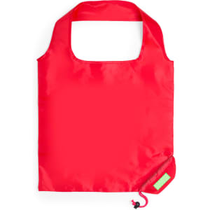 A foldable bag in bright red with a rounded handle and a small pocket in the corner. It features a logo.