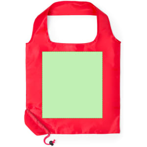 A red foldable bag with a light green panel in the centre and a drawstring feature at the bottom.