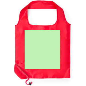 A red foldable bag with a square green section and a drawstring closure. It features a logo on one side.