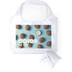 A white foldable bag featuring a design with brown nuts on a blue background and a logo. It comes with a matching pouch.
