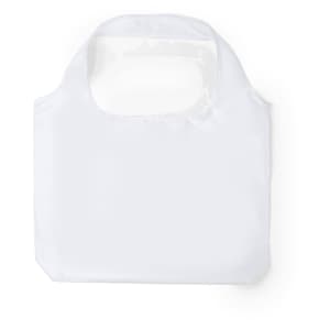 A white foldable bag with a cut-out handle and a minimalistic design, featuring a logo.
