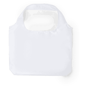 A foldable bag in white, featuring a simple design and a handle, with a logo displayed on the front.