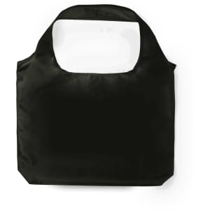 A black foldable bag featuring a simple design and a spacious main compartment. It has a logo on one side.