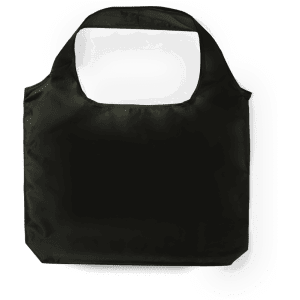 A foldable bag in black with a wide opening and a handle, featuring a logo.
