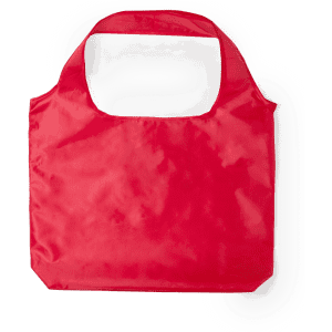 A red foldable bag with a wide handle and a simple design. It includes a logo on the surface.