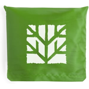 A green foldable bag featuring a tree-inspired logo on its surface.