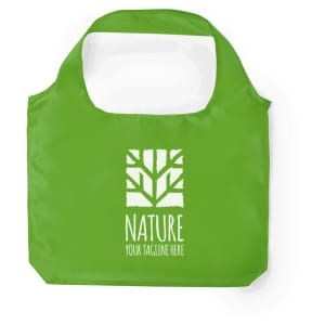 A green foldable bag with a tree design and a logo featuring text. It has a simple, lightweight design.