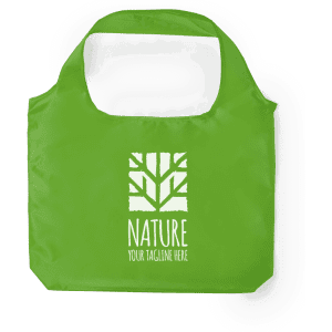 A green foldable bag with a logo featuring a tree design and text below.