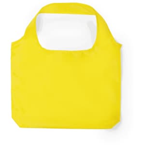 A yellow foldable bag with a handle and a simple design, featuring a logo.