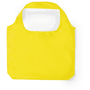 A yellow foldable bag with a sturdy handle, featuring a logo. Suitable for various uses and storage.