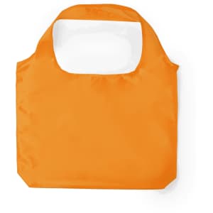 An orange foldable bag with a rounded handle and a simple design, featuring a logo.