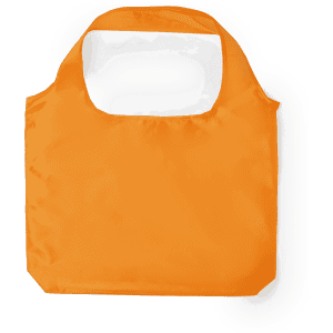 An orange foldable bag with a simple design and a single handle, featuring a logo.